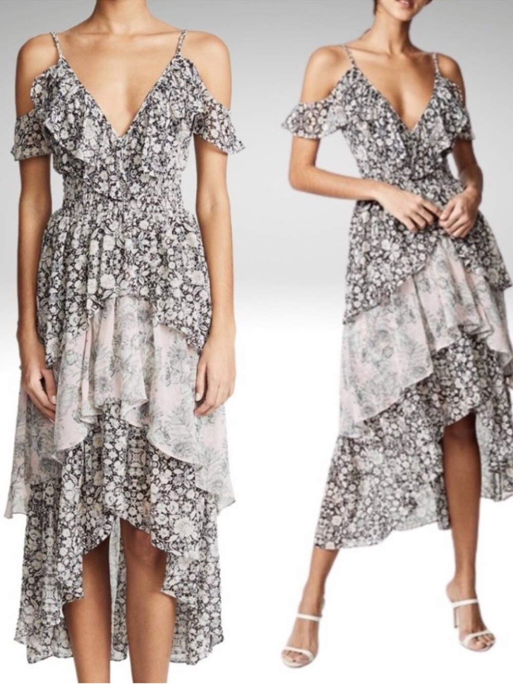 Misa Los Angeles Cold-Shoulder Floral Tiered Midi Dress in Black & Blush